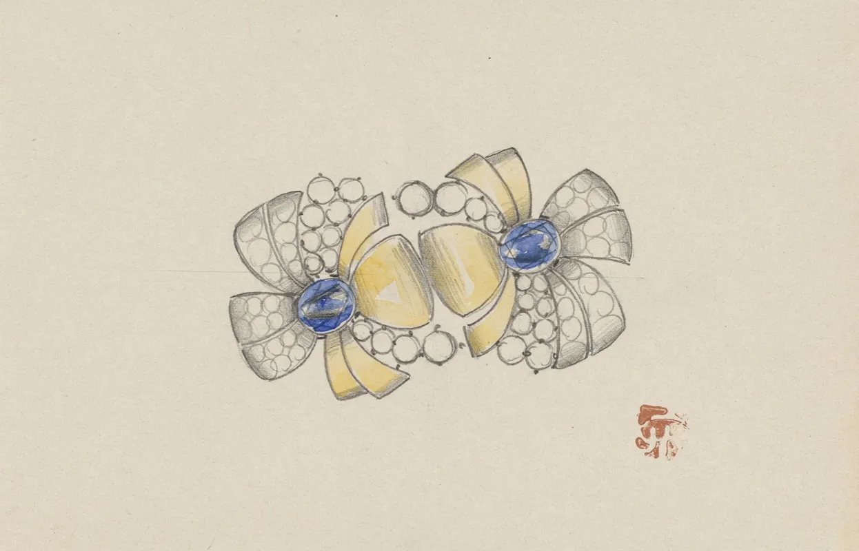 Ontwerp Voor Juweel In De Vorm Van Twee Gestileerde Bloemen Met Goud En Saffieren