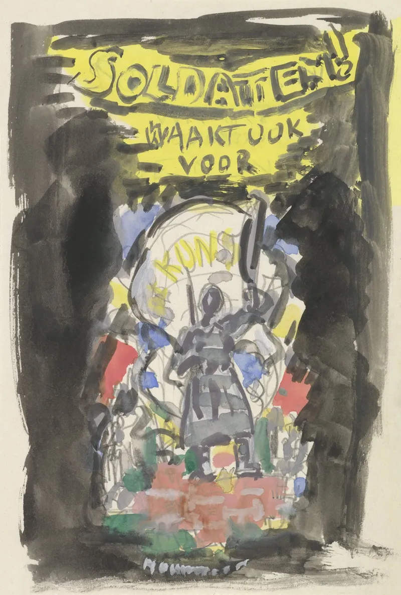 Ontwerpschets Affiche Voor Propaganda Kunstbescherming In Het Leger Schets Van Soldaat Frontaal Gezien Staand Op Een Bakstenen Muurtje Erboven De Tekst Soldaten Waakt Ook Voor Kunst