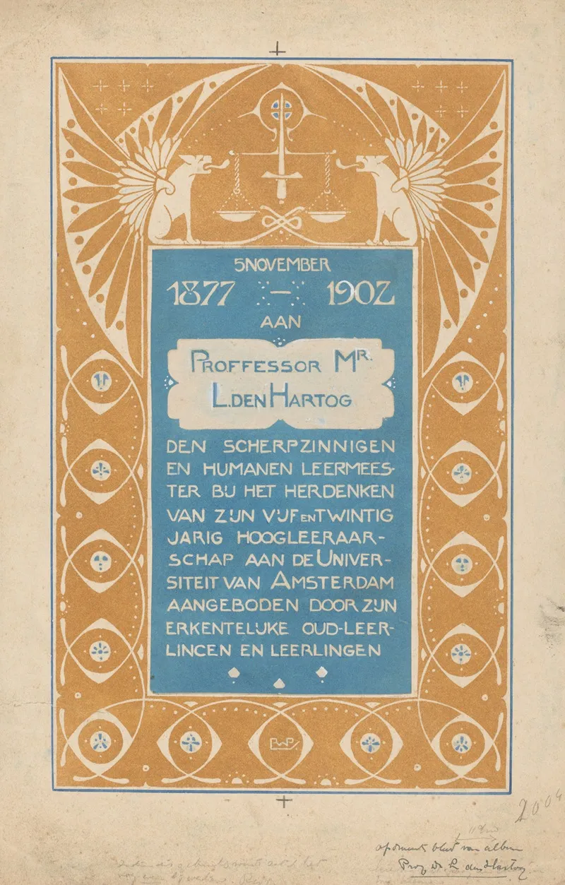 Opdrachtblad Voor Een Album Voor Prof Mr L Den Hartog Wall Art by Reinier Willem Petrus de Vries - High-Resolution Digital Print