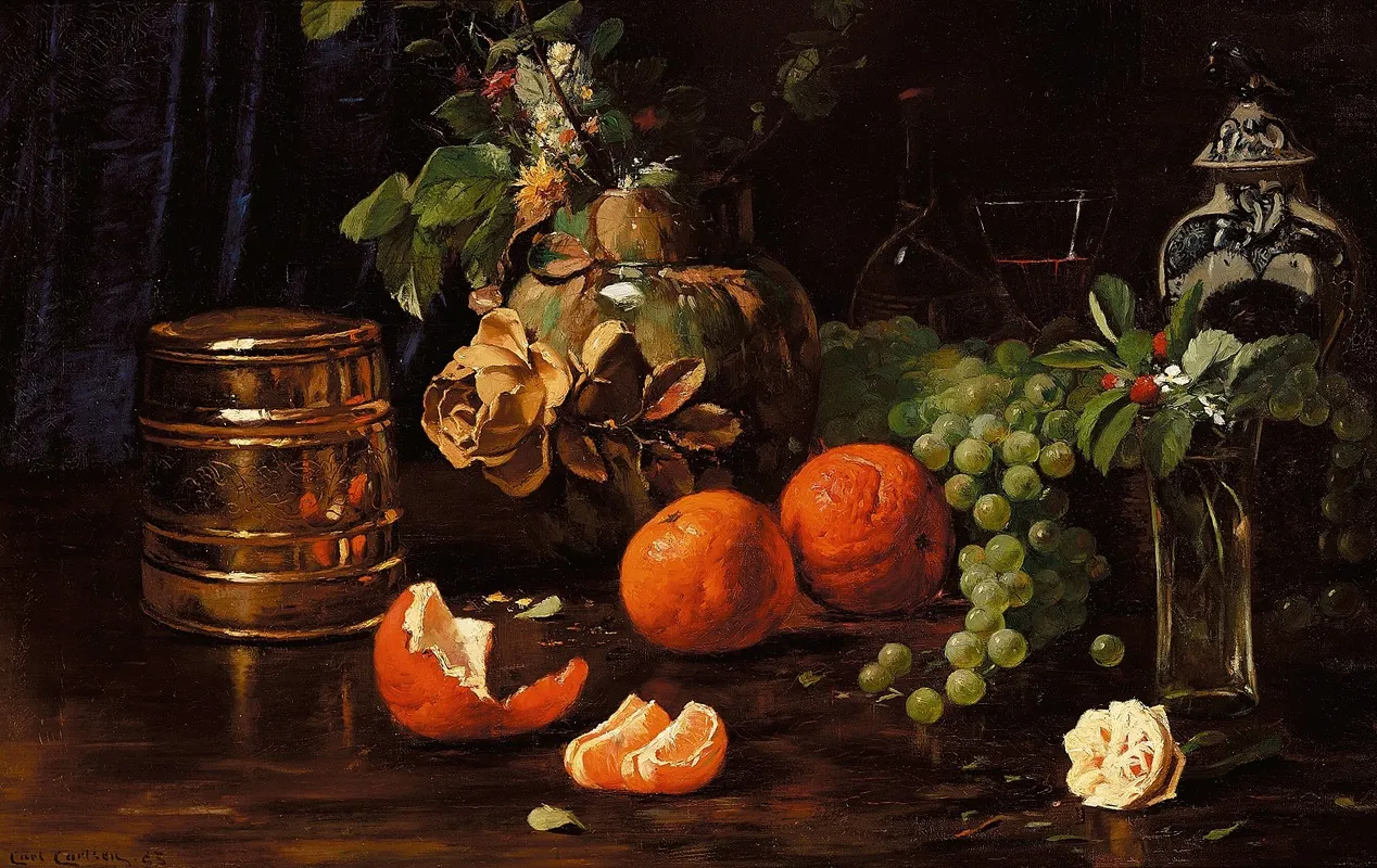 Opstilling Med Appelsiner Druer Blomster Og Forskellige Krukker