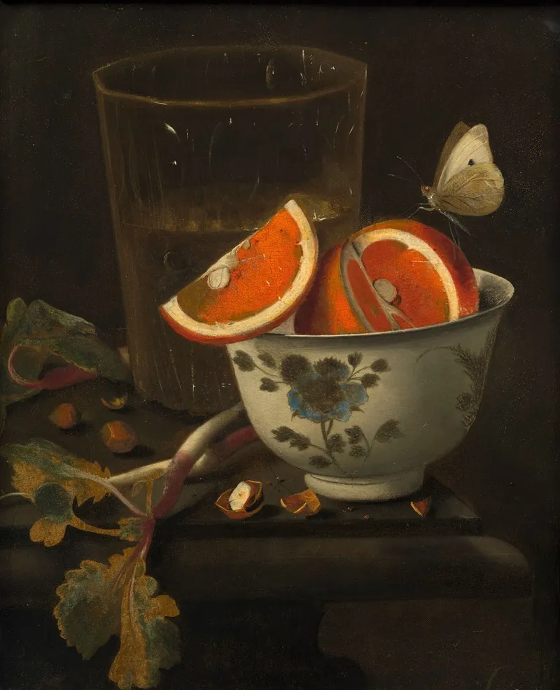 Orange In A Porcelain Bowl And Chestnuts On An Entablature Wall Art by Martinus Nellius - High-Resolution Digital Print