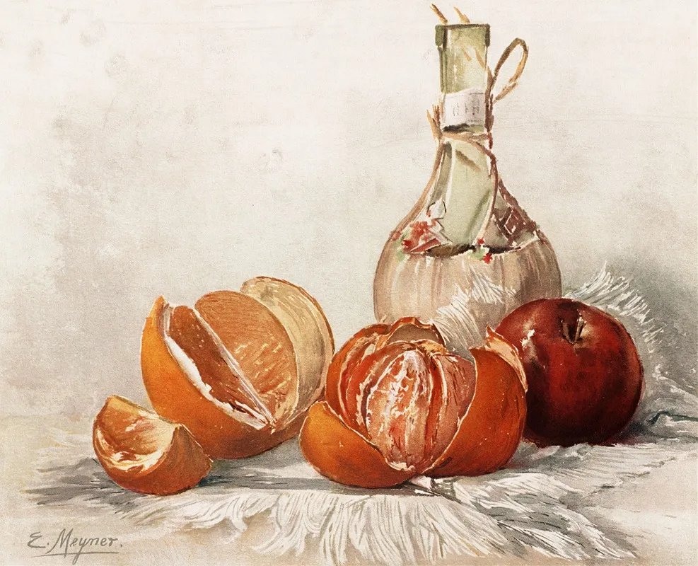 Oranges And Wine Bottle Wall Art by E. Meyner - High-Resolution Digital Print