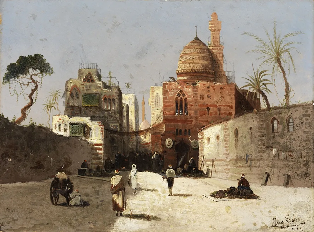 Orientalische Strasenszene Mit Moschee Minarett Und Handlern Auf Einem Vorplatz