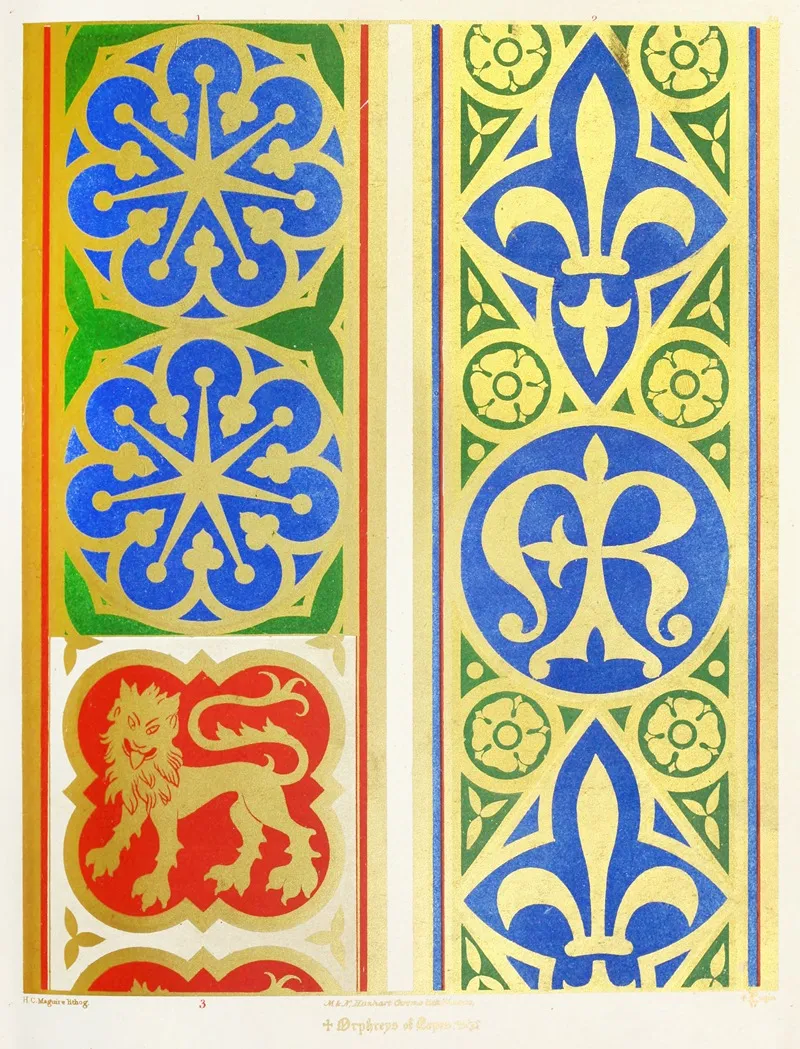 Orphreys Of Copes 1 A Star Of Seven Points 2 Fleur De Lis Monogram And Roses 3 Lions Wall Art by Augustus Pugin - High-Resolution Digital Print