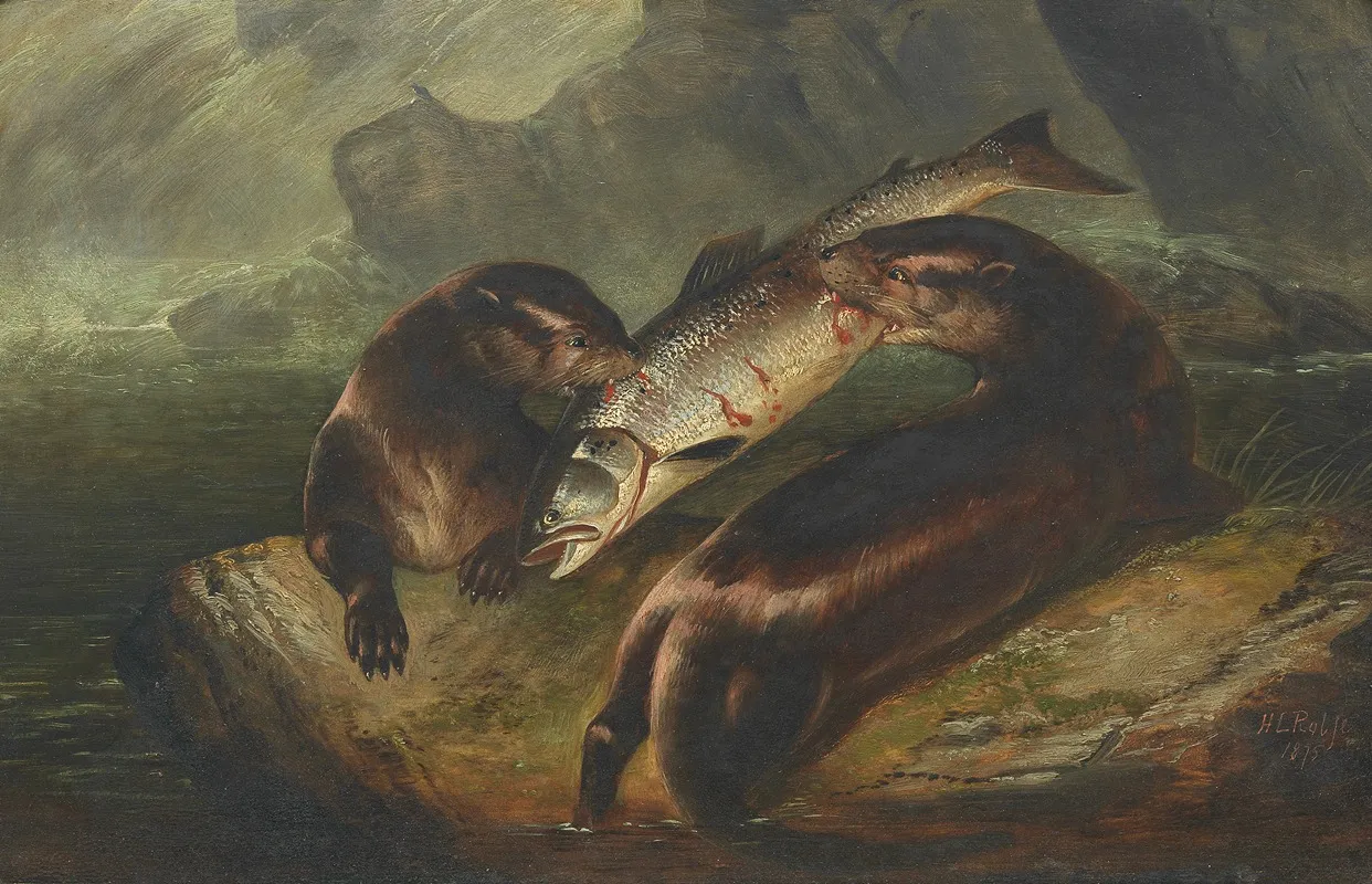 Otters With Salmon Wall Art by Henry Leonidas Rolfe - High-Resolution Digital Print