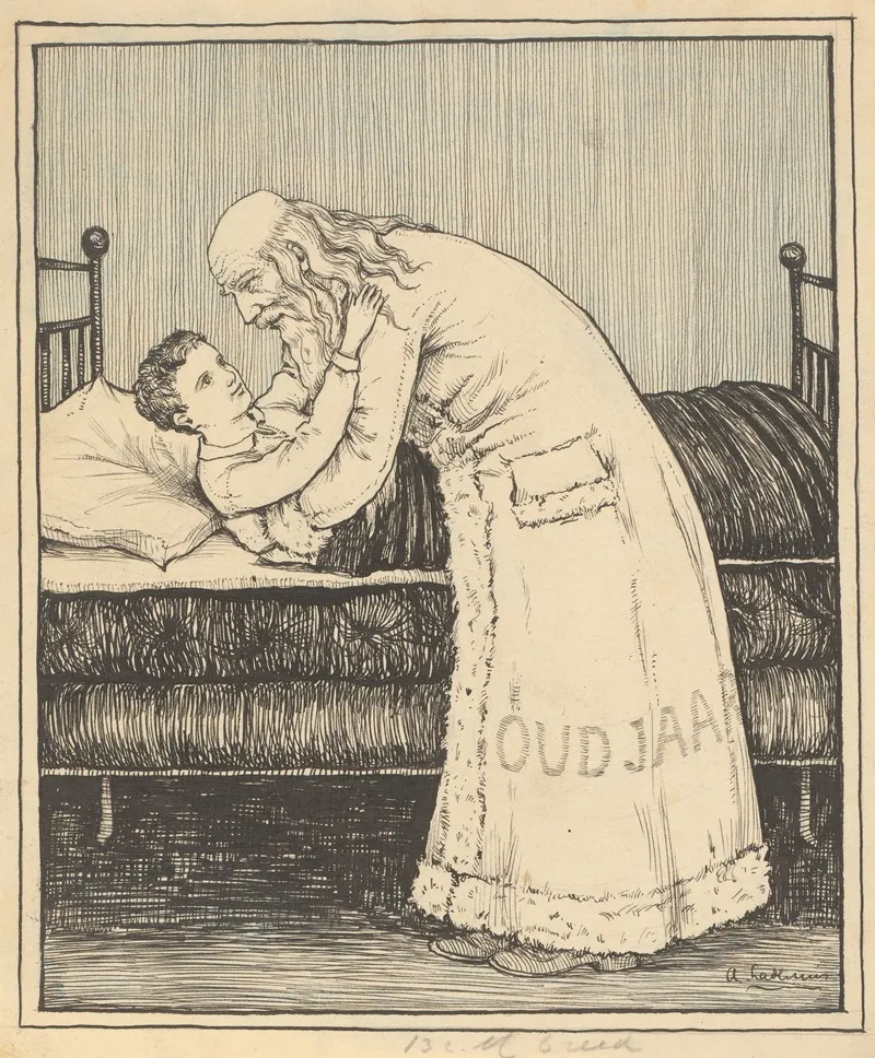 Oude Man Legt Een Jongen Op Bed