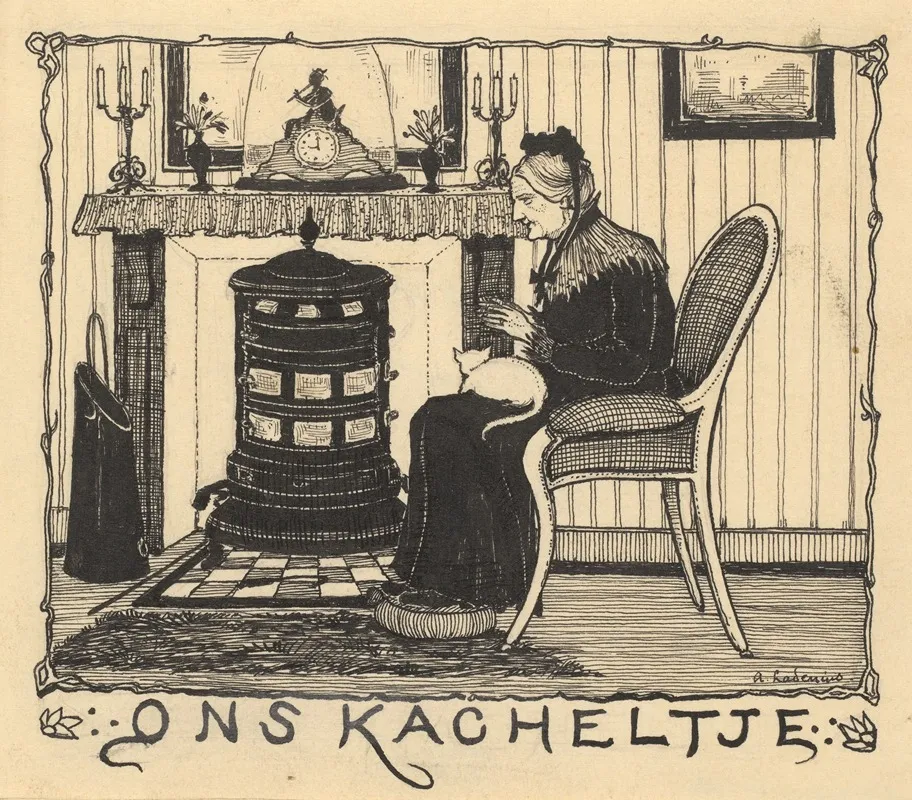 Oude Vrouw Met Kat Bij Een Kachel