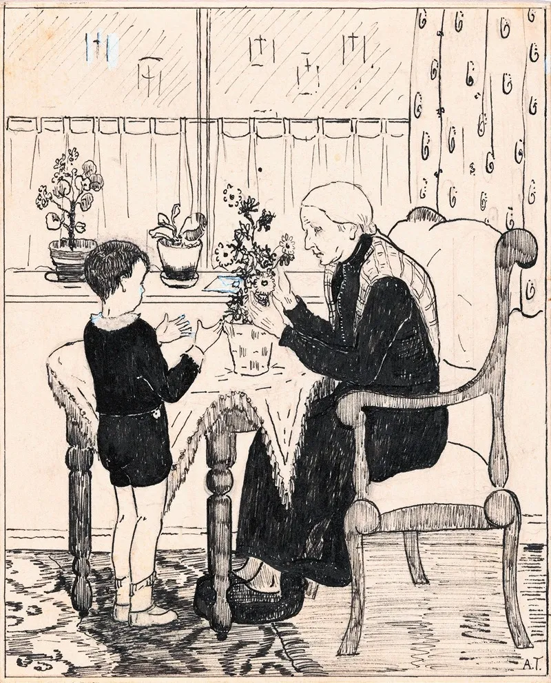 Oude Vrouw Schikt Een Boeket Wall Art by A. Tinbergen - High-Resolution Digital Print