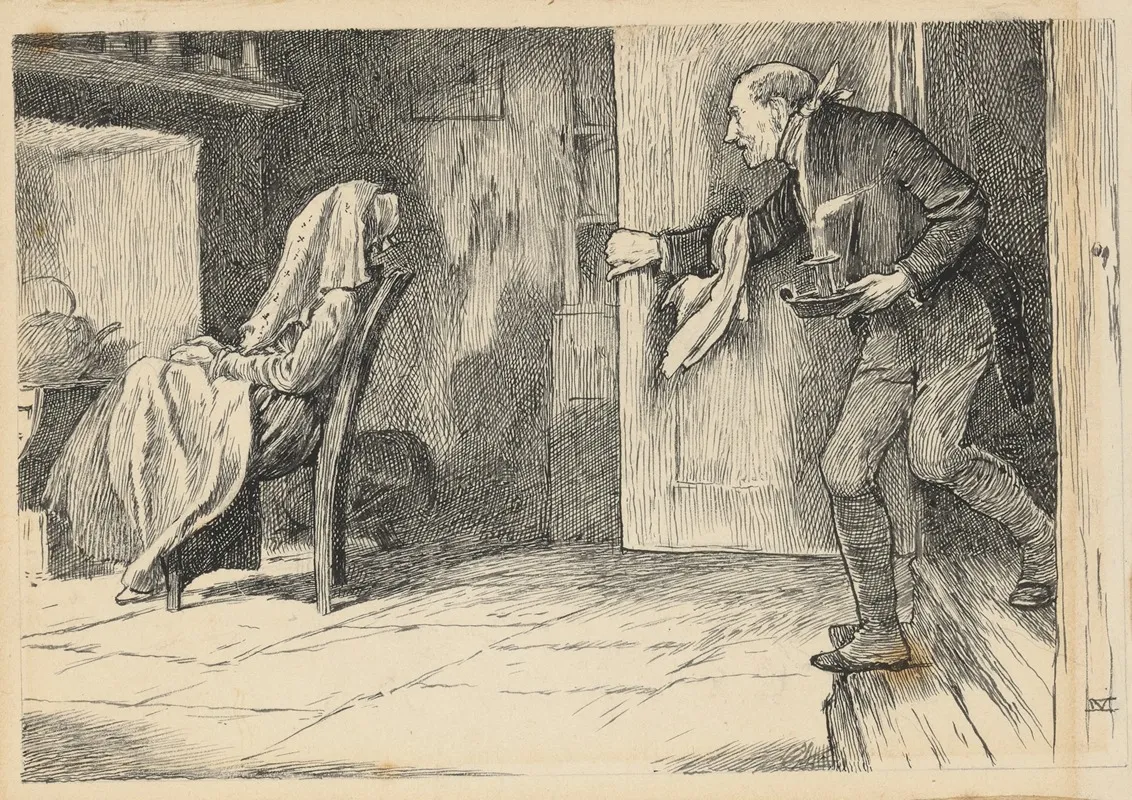 Our Mutual Friend Lady Seated Before Hearth With Kerchief Over Her Face Man Coming Through Door Bearing A Candle Wall Art by James Mahoney - High-Resolution Digital Print