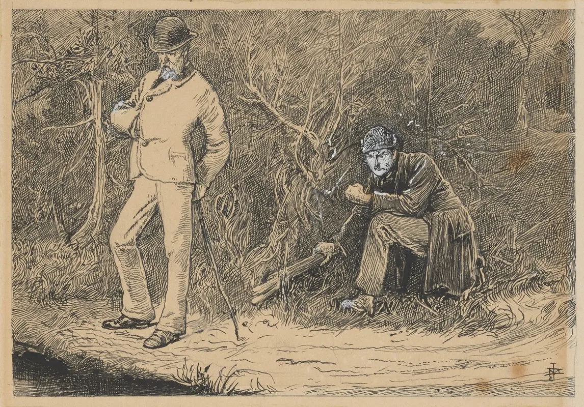 Our Mutual Friend Man In White Suit Leaning On Stick Man In Dark Suit Crouches Behind Him Holding A Club Wall Art by James Mahoney - High-Resolution Digital Print