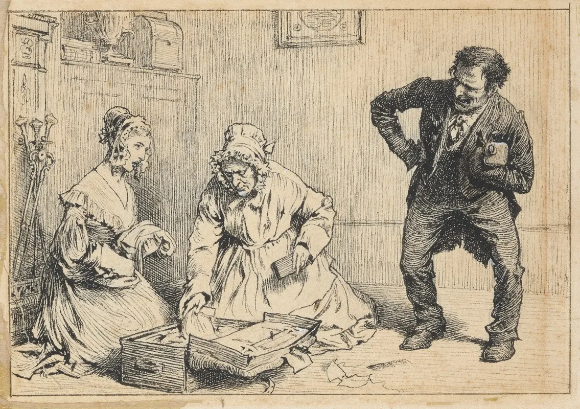 Our Mutual Friend Two Women Kneeling Before Small Open Trunk Man In Dark Suit Stands Watching Wall Art by James Mahoney - High-Resolution Digital Print