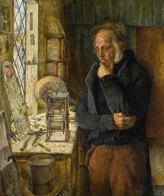 Our Village Clockmaker Solving A Problem Wall Art by James Campbell - High-Resolution Digital Print