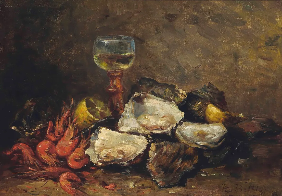 Oysters And Prawns With A Glass Of Wine Wall Art by Hubert Bellis - High-Resolution Digital Print