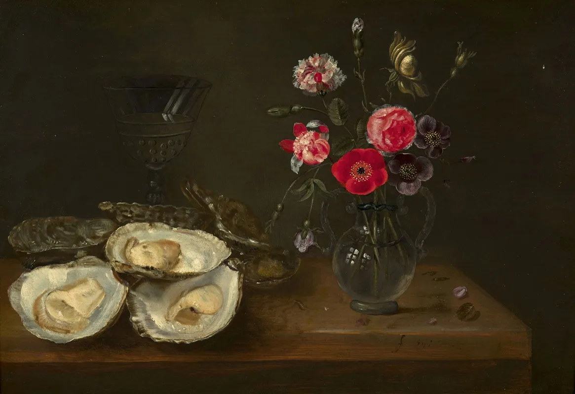 Oysters And Vase Of Flowers On An Entablature Wall Art by Frans Ykens - High-Resolution Digital Print