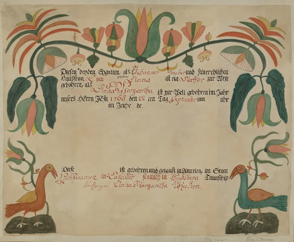 Pa German Birth And Baptismal Certificate 2 Wall Art by Roy S. Brown - High-Resolution Digital Print