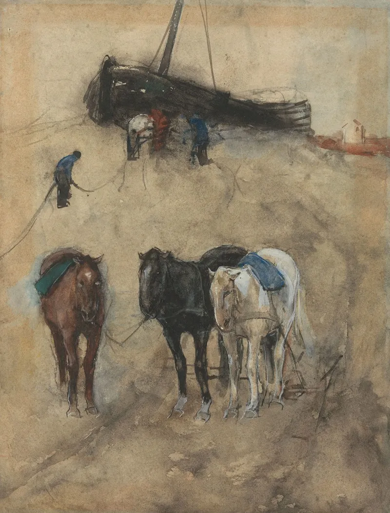 Paarden Op Het Strand Op De Achtergrond Een Schuit En Vissers