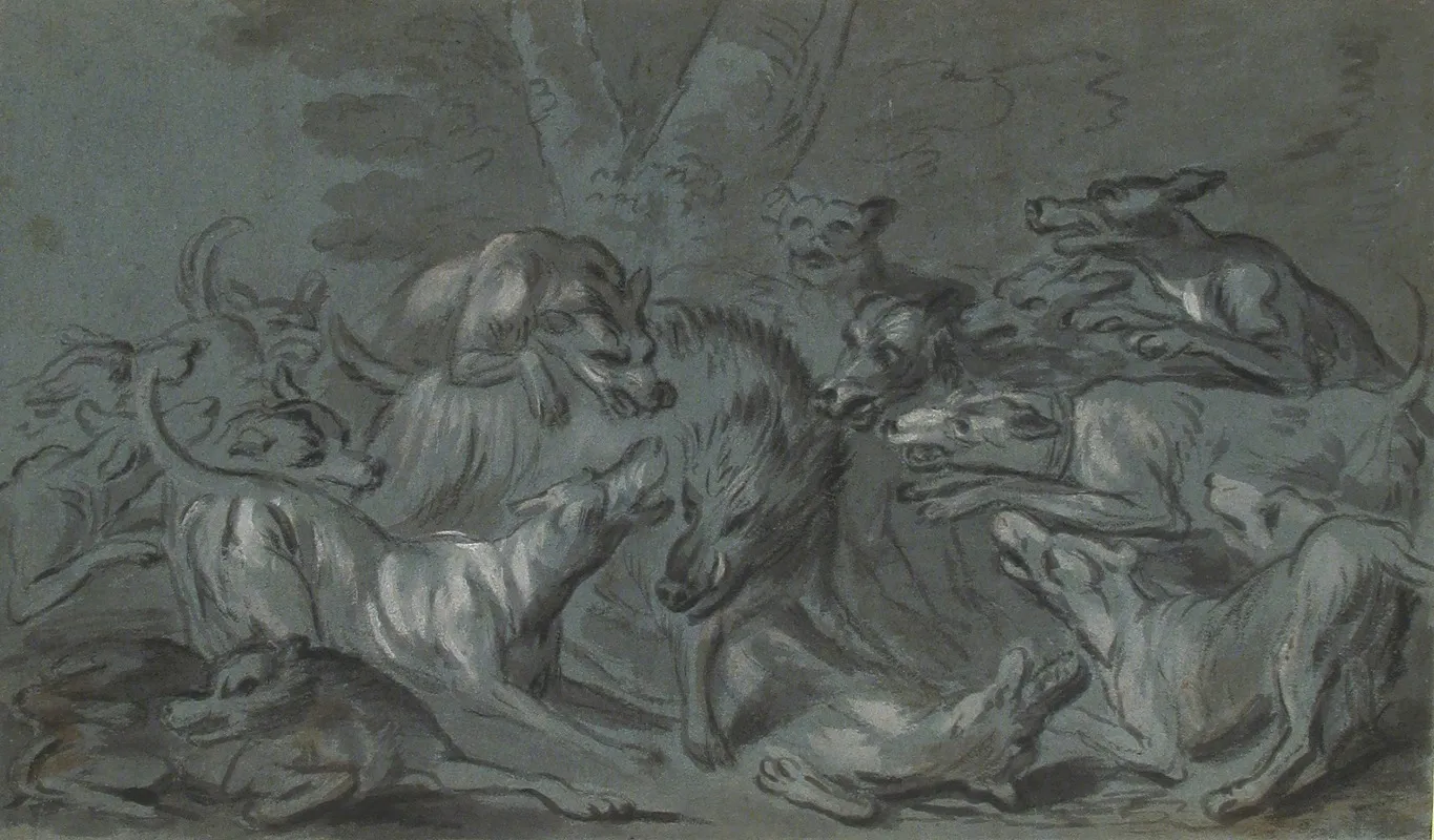 Pack Of Dogs Attacking A Wild Boar Wall Art by Circle of Jean-Baptiste Oudry - High-Resolution Digital Print