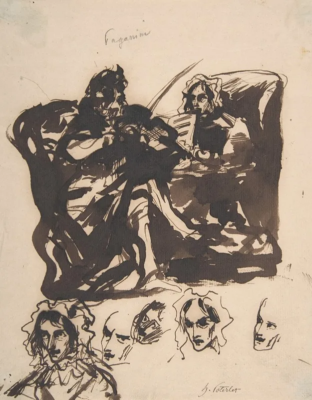 Paganini Playing And Studies Of Heads Wall Art by Henri-Louis-Hippolyte Poterlet - High-Resolution Digital Print