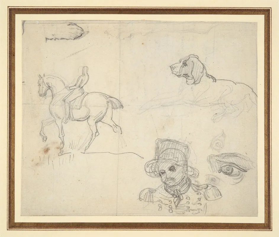 Page Of Sketches Equestrian Dog Soldiers Head Wall Art by Théodore Géricault - High-Resolution Digital Print