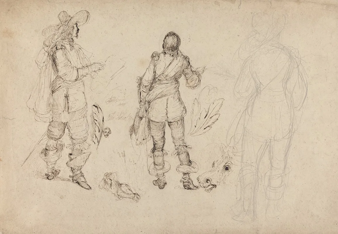 Page Of Sketches Of Cavaliers Horses Head And Plumes Wall Art by Thomas Henry Nicholson - High-Resolution Digital Print