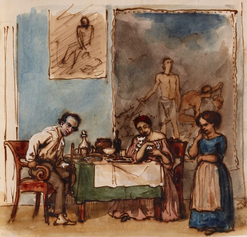 Painter And His Wife Just Finishing Their Meal Wall Art by Michael Baschiloff - High-Resolution Digital Print