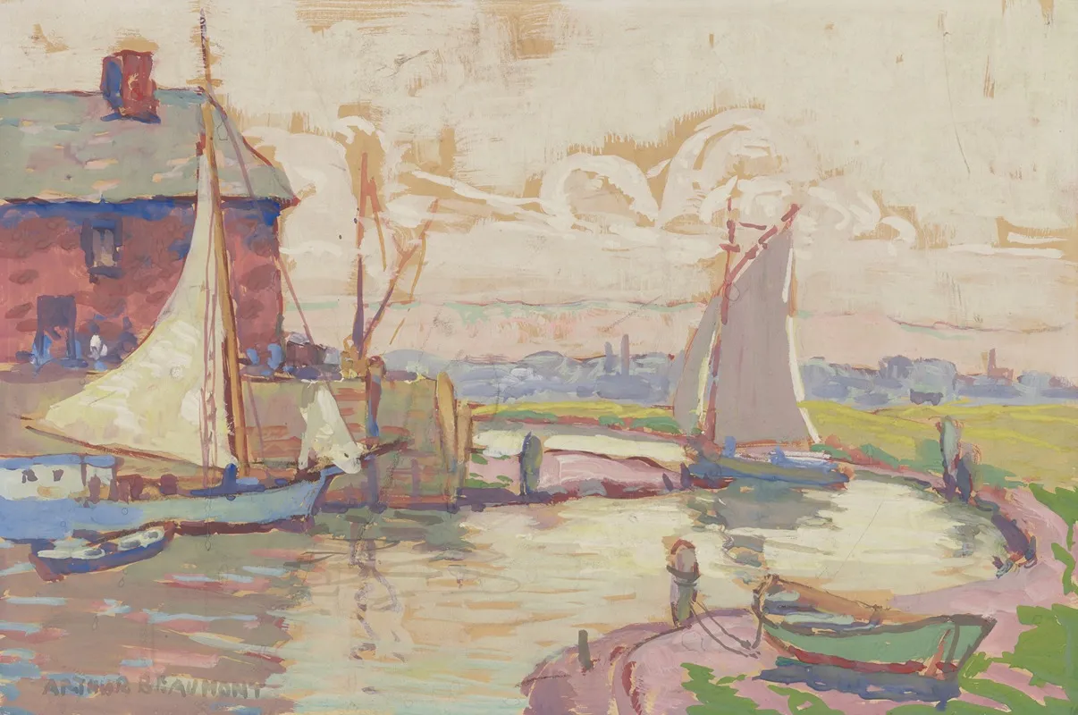Painting Of Sailboats In Harbor Against Pastel Sky Wall Art by Arthur Beaumont - High-Resolution Digital Print
