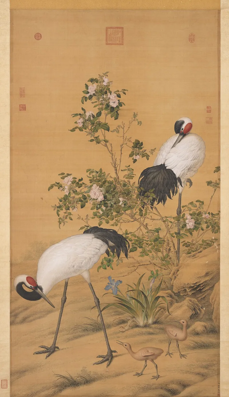 Pair Of Cranes In The Shade Of Flowers