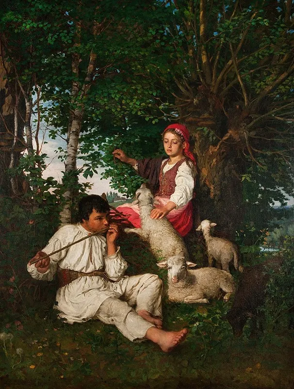Pair Of Shepherds In The Forest Idyll
