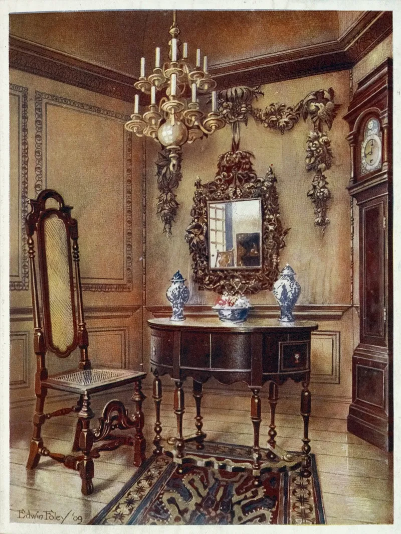 Panelling From An Old House Mirror Frame Walnut Table Walnut Chair Walnut High Case Clock Wall Art by Edwin Foley - High-Resolution Digital Print