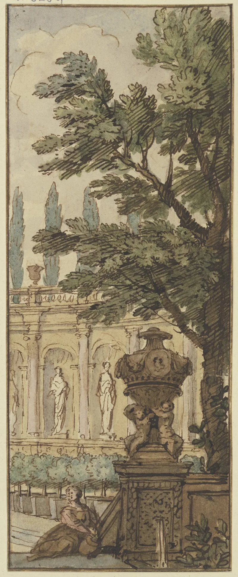 Panneau Im Vordergrund Eine Vase Im Hintergrund Ein Orangeriegebaude