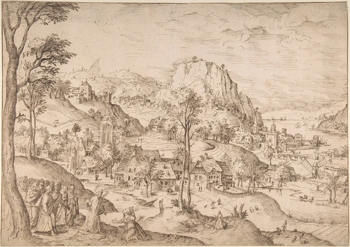 Panoramic Mountainous Estuary Landscape With Christ And The Woman Of Canaan