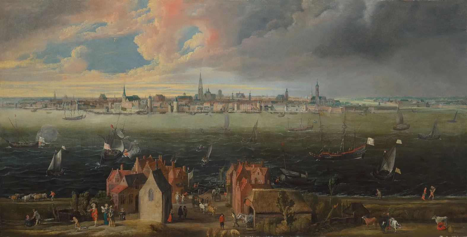 Panoramic View Of The City Of Antwerp Across The River Scheldt