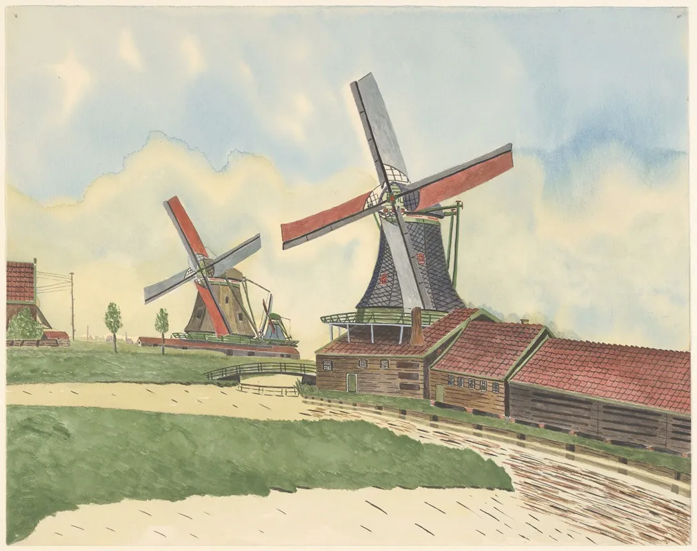 Papiermolen De Bijenkorf En Verfmolen De Valk Met Op De Achtergrond Een Derde Molen Wall Art by Johannes Nicolaas Eijman - High-Resolution Digital Print