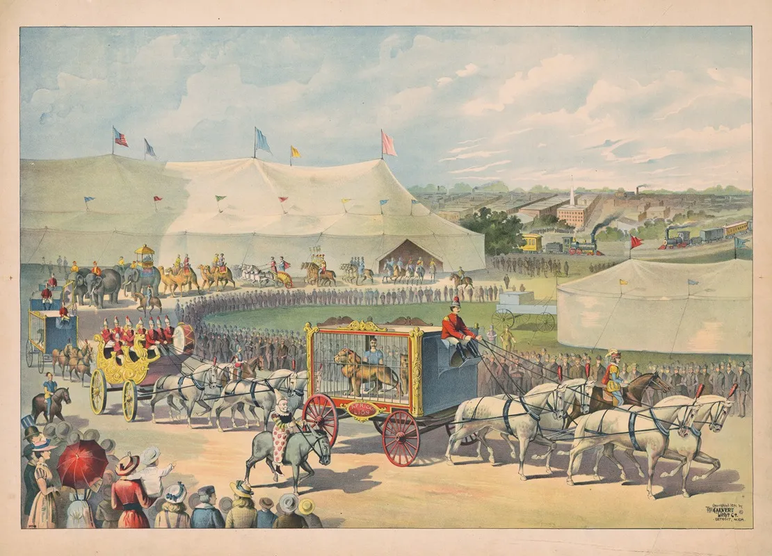 Parade With Lion In Cage On Wagon Circus Tent In Background Wall Art by Calvert Litho. Co - High-Resolution Digital Print
