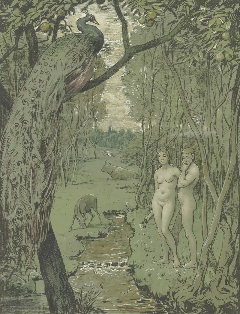 Paradise With Peacock Wall Art by Hans Thoma - High-Resolution Digital Print