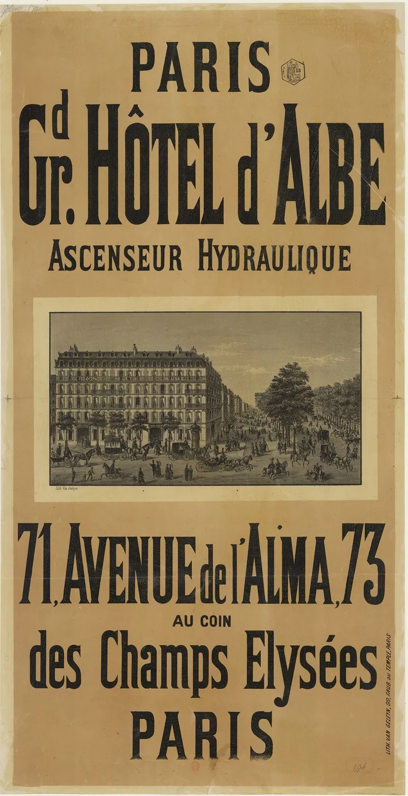 Paris Grand Hotel Dalbe Ascenseur Hydraulique Wall Art by Lith. Van Geleyn - High-Resolution Digital Print
