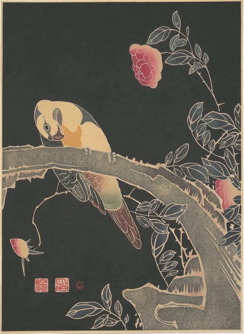 Parrot On The Branch Of A Flowering Rose Bush