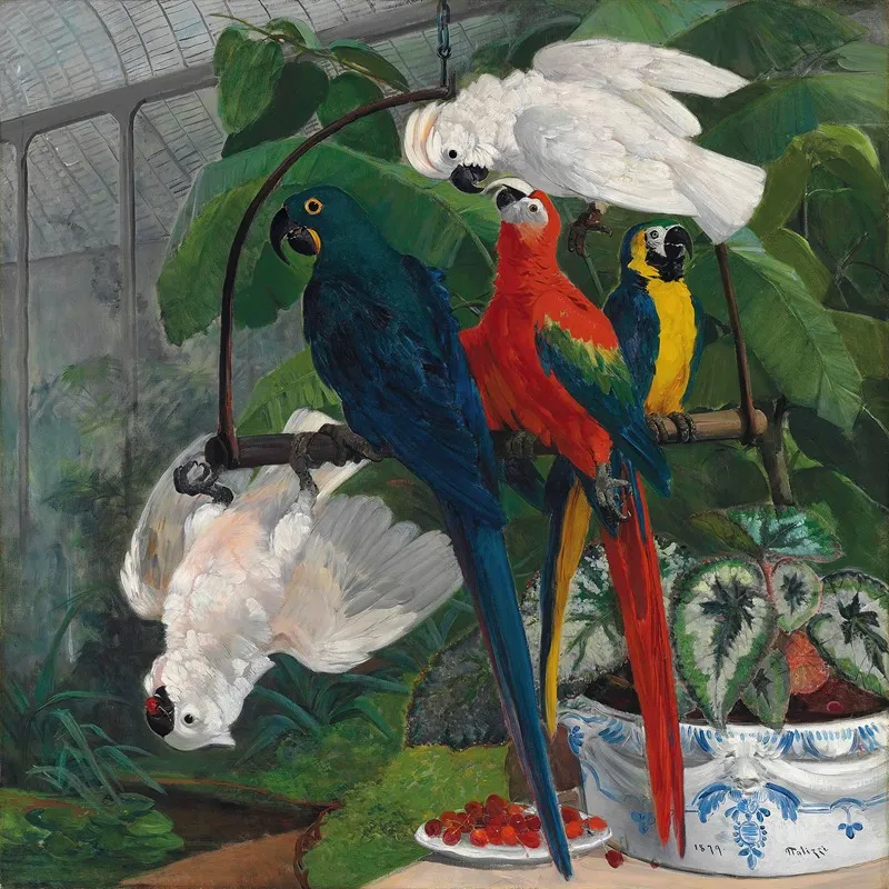Parrots In A Tropical Glasshouse Wall Art by Filippo Palizzi - High-Resolution Digital Print