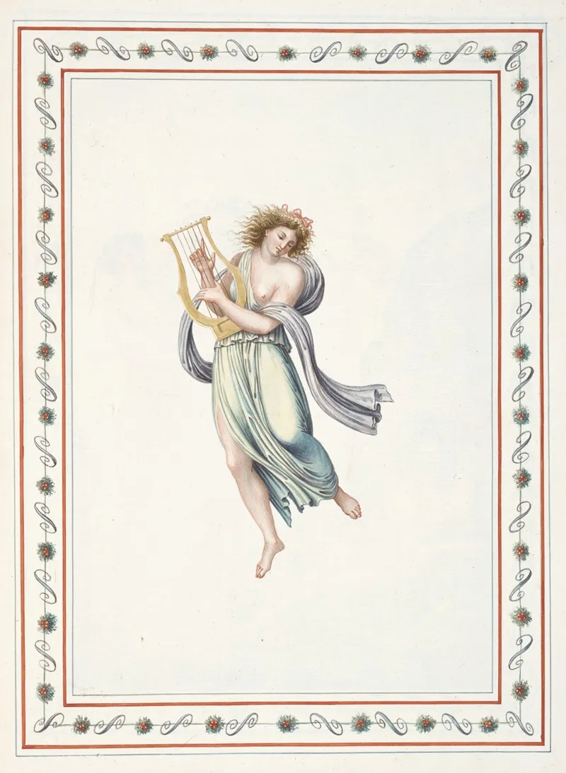 Partially Nude Woman Playing Harp Wall Art by Pierre-Jean Mariette - High-Resolution Digital Print