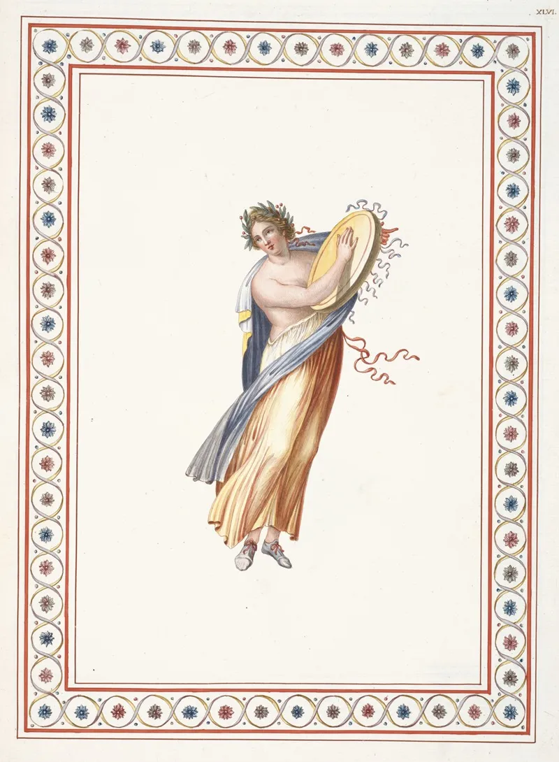 Partially Nude Woman Wearing Wreath And Playing Tambourine Wall Art by Pierre-Jean Mariette - High-Resolution Digital Print