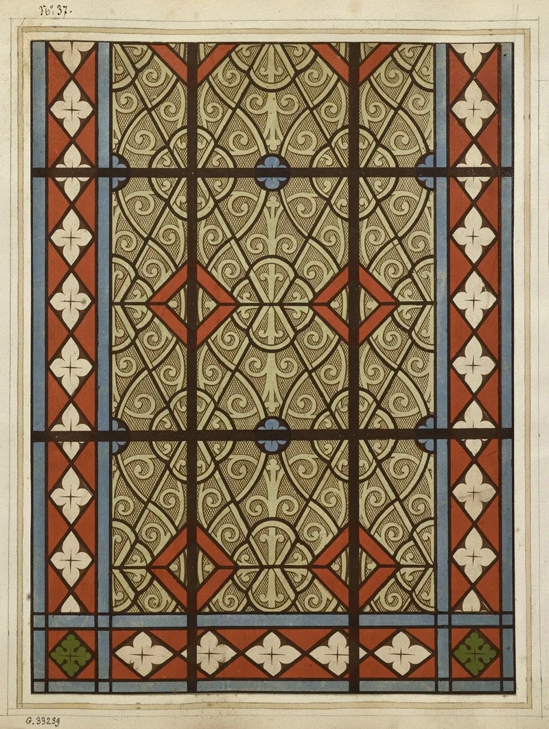 Partie Inferieure Dune Fenetre Fond Gris Losanges Rouges Et Rosettes Bleues Entourage A Fond Rouge Wall Art by Laurent Gsell - High-Resolution Digital Print