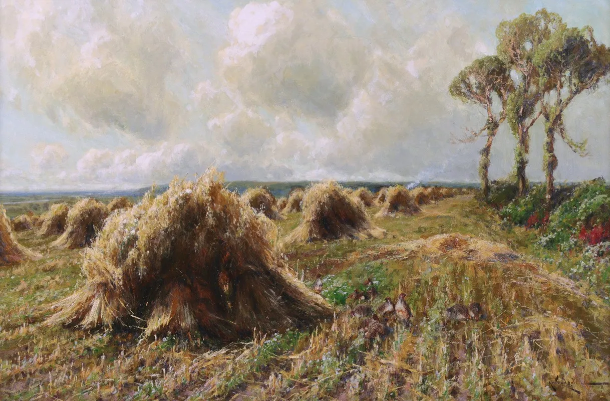 Partridges By The Haystacks In An Expansive Harvest Landscape Wall Art by Arthur William Redgate - High-Resolution Digital Print