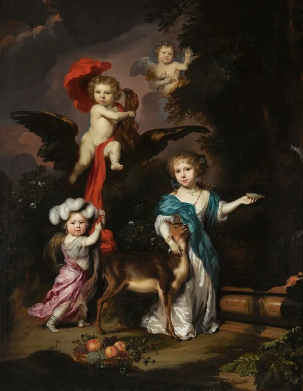 Pastoral Family Portrait Of Four Children Personifying Mythological Figures Including Ganymede And Diana With A Deer Wall Art by Nicolaes Maes - High-Resolution Digital Print