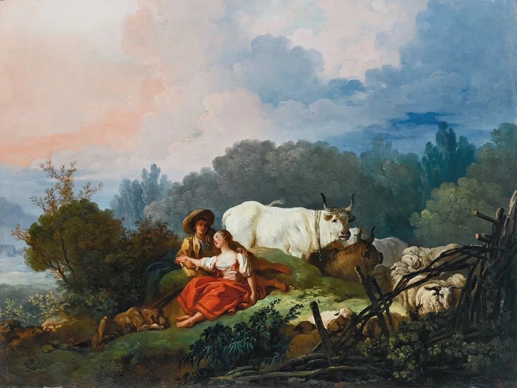 Pastoral Landscape With A Shepherd And Shepherdess At Rest Wall Art by Jean-Honoré Fragonard - Canvas Print