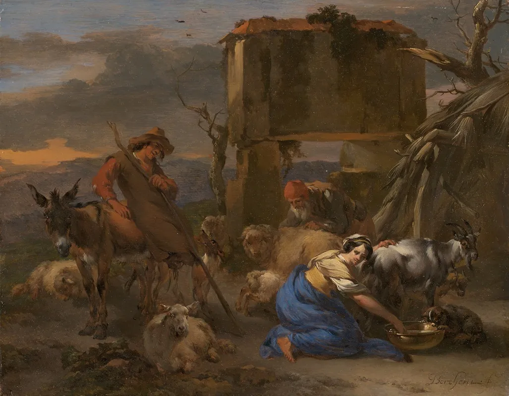 Pastoral Scene With A Shepherdess Milking A Goat