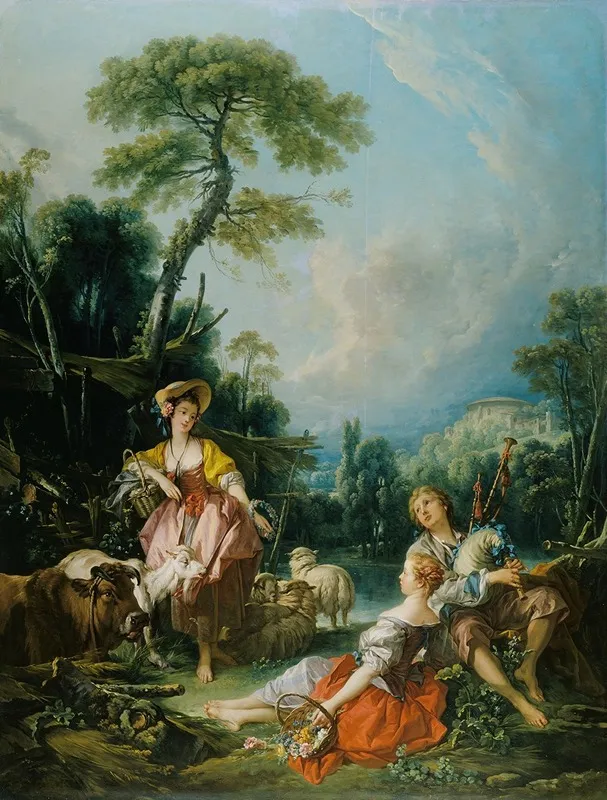 Pastoral With A Bagpipe Player Wall Art by François Boucher - High-Resolution Digital Print