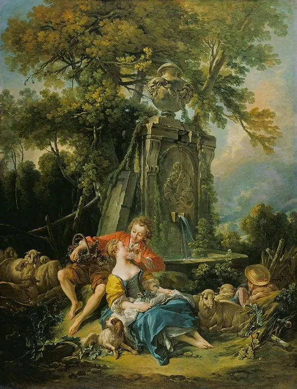 Pastoral With A Couple Near A Fountain Wall Art by François Boucher - High-Resolution Digital Print