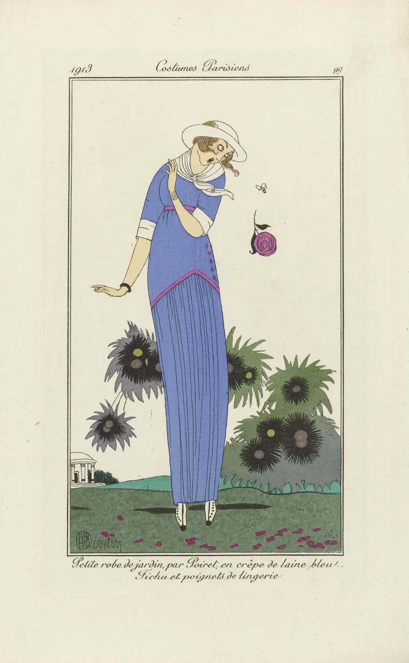 Patite Robe De Jardin Par Poiret En Crepe De Laine Bleu Fichu Et Poignets De Lingerie