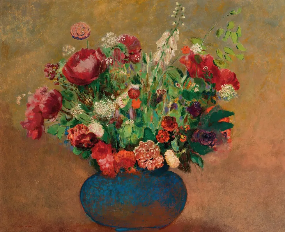 Pavots Et Oeillets De Poete Dans Un Vase Bleu Wall Art by Odilon Redon - High-Resolution Digital Print