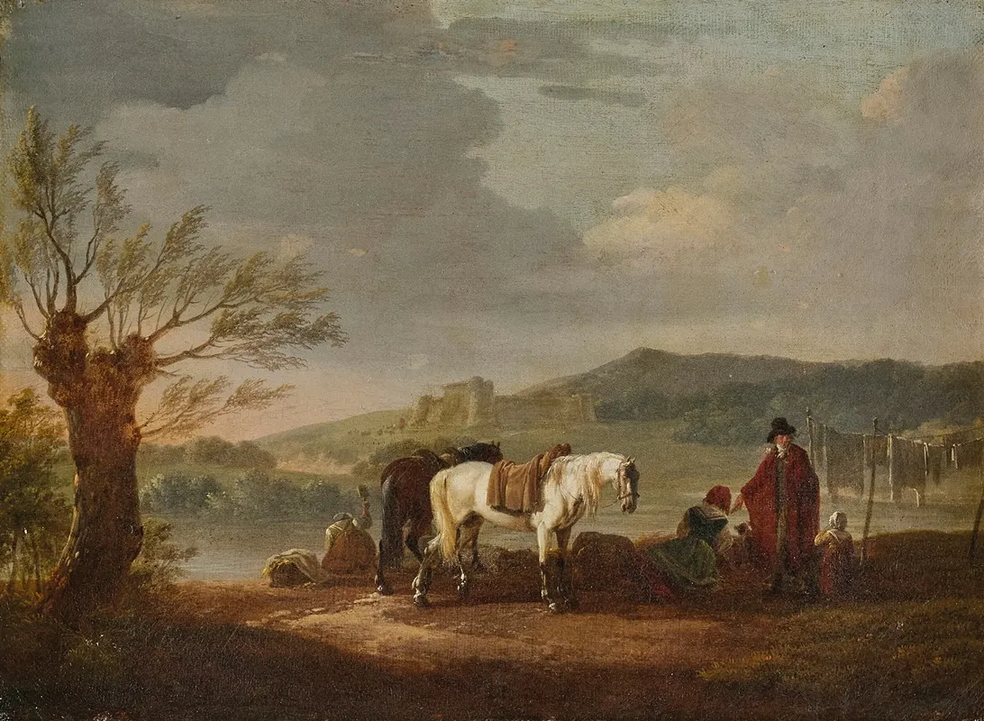Paysage Aux Cavalier Et Lavandieres